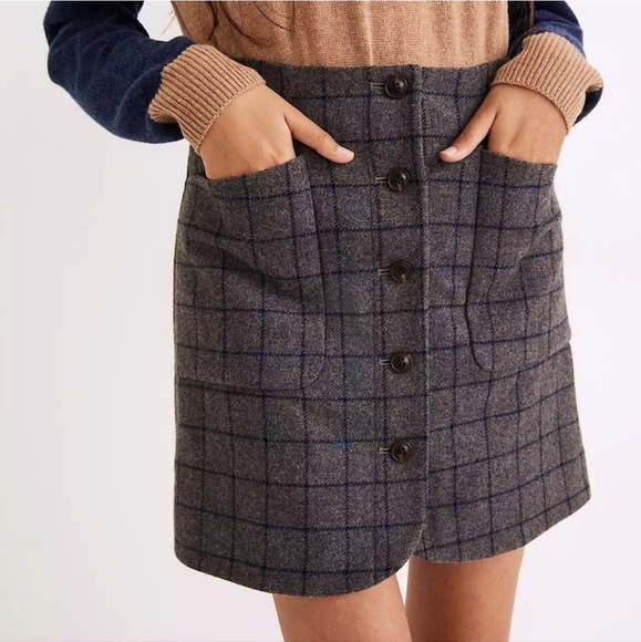 NWT Madewell Wool Pull On Button Up‎ Windowpane Mini Skirt - Picture 1 of 13